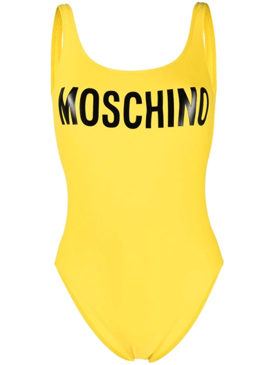 Moschino Logo印花连体泳衣 In Yellow