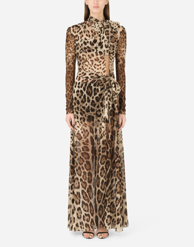 Dolce & Gabbana Georgette Dress With Leopard Print And Tie Details In Animal Print