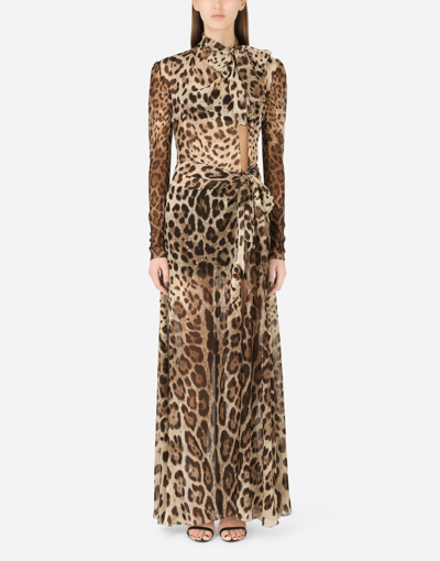 DOLCE & GABBANA GEORGETTE DRESS WITH LEOPARD PRINT AND TIE DETAILS