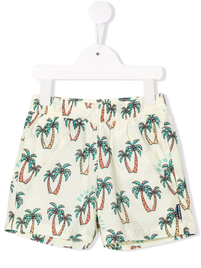 Palm Angels Kids' Palm Tree-print Swim Shorts In White
