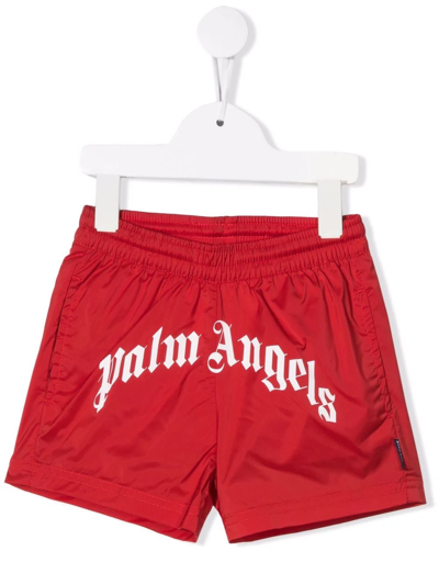 Palm Angels Kids' Logo印花尼龙沙滩裤 In Red