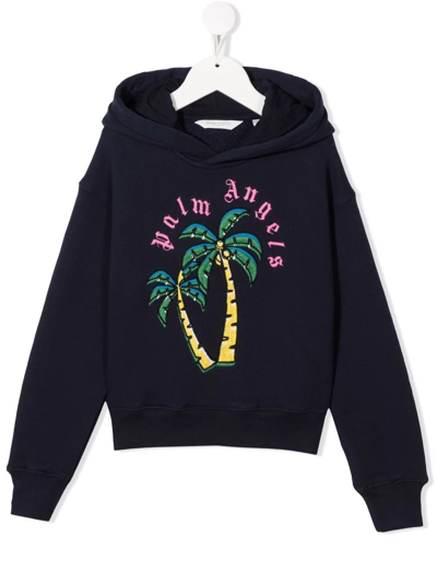 Palm Angels Kids' Palm-tree Embroidered Cotton Hoodie In Blu