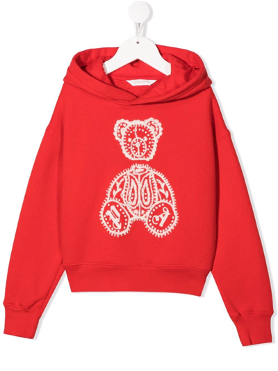 Palm Angels Embroidered Paisley-bear Cotton Hoodie In Rosso/bianco