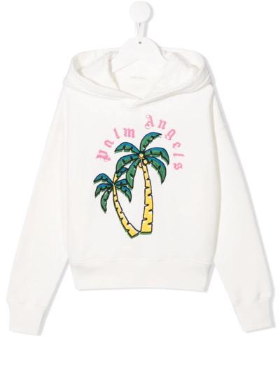 Palm Angels Kids' Palm-tree Embroidered Cotton Hoodie In White