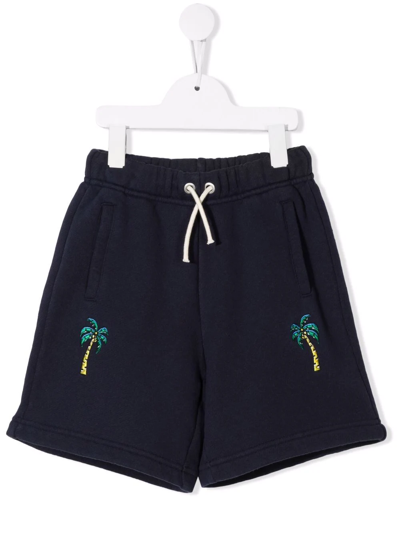 Palm Angels Kids' Embroidered Palm-tree Drawstring Shorts In Navy Blue Yellow