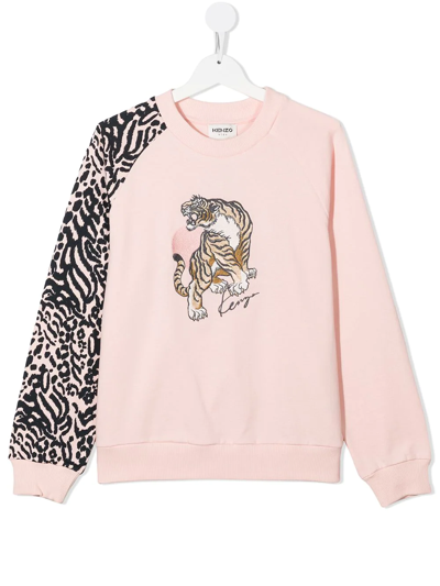 Kenzo Kids' Tiger-print Crew Neck Sweatshirt In Pink