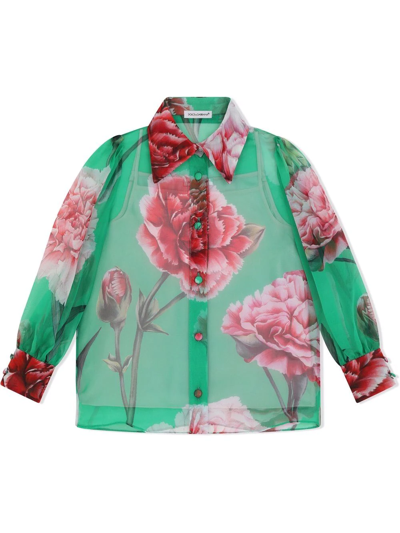 Dolce & Gabbana Kids' Carnation Print Silk Shirt In Verde