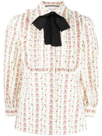 Pre-owned Gucci Floral-print Pussy-bow Shirt In White