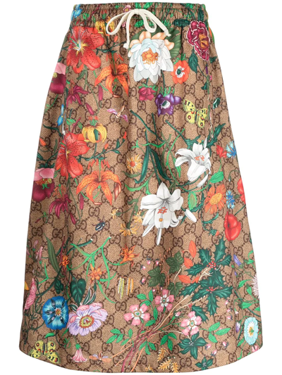 Pre-owned Gucci Interlocking G Monogram Floral Midi Skirt In Multicolour
