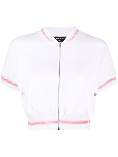 Pre-owned Chanel 2000s Short-sleeved Zip-up Cropped Sweatshirt In White