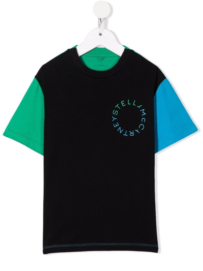 Stella Mccartney Kids Black T-shirt With Logo And Colour Block Design In Nero