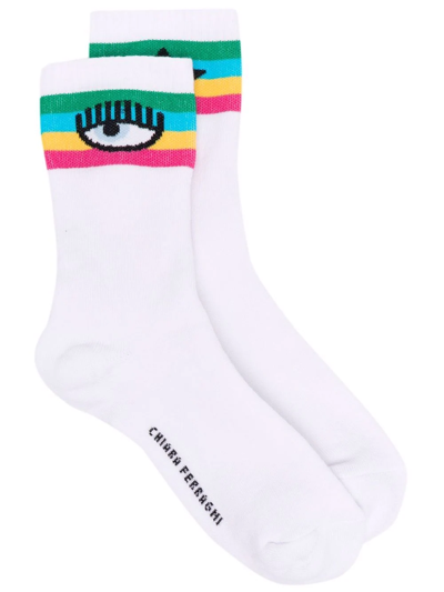 Chiara Ferragni Striped Logo-print Ankle Socks In White