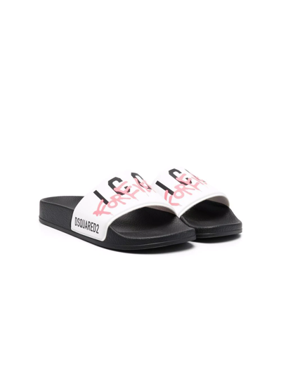 Dsquared2 Kids' Icon-print Pool Slides In White