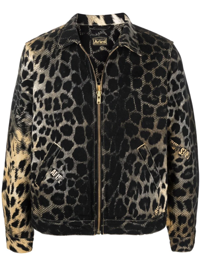 Aries Jackets Leopard Print Denim Jacket In Beige