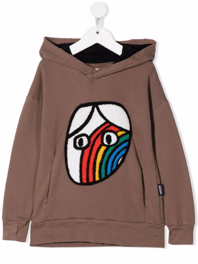 Nununu Kids' Rainbow Dude Appliqué Cotton Graphic Hoodie In Brown