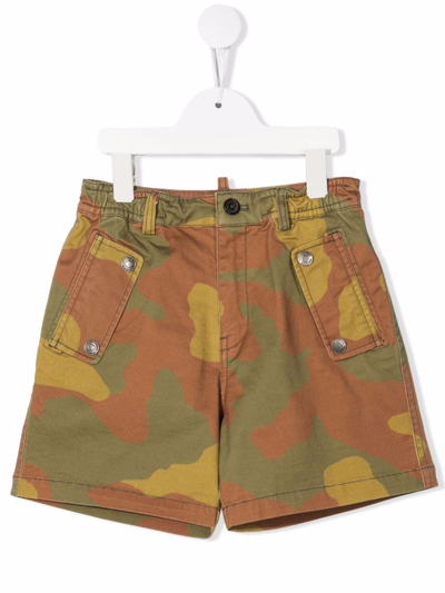 Dsquared2 Kids Cotton Shorts With Camouflage Pattern In Militare