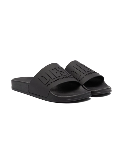 Diesel Teen Logo-embossed Pool Sliders In Black