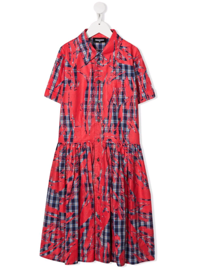 Dsquared2 Kids' Painted Check-print Shirt Dress In Pink