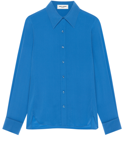 Saint Laurent Pleated Sleeve Silk Shirt In Blue