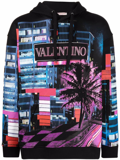 Valentino Black Electric City Hoodie In Black,fuchsia,blue