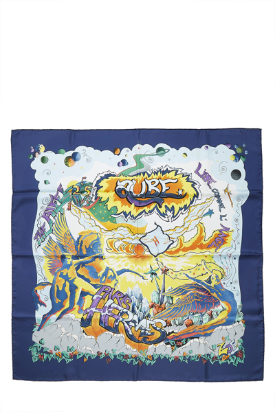 Pre-owned Hermes Blue & Multicolor 'aube Libre Comme L'ange' Silk Scarf 90