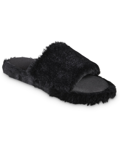 Isotoner Signature Women's Memory Foam Faux Fur And Satin Tabby Slide Slippers In Black