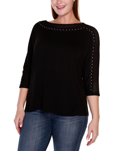 Belldini Plus Size Embellished Dolman With Mesh Inset Top In Black