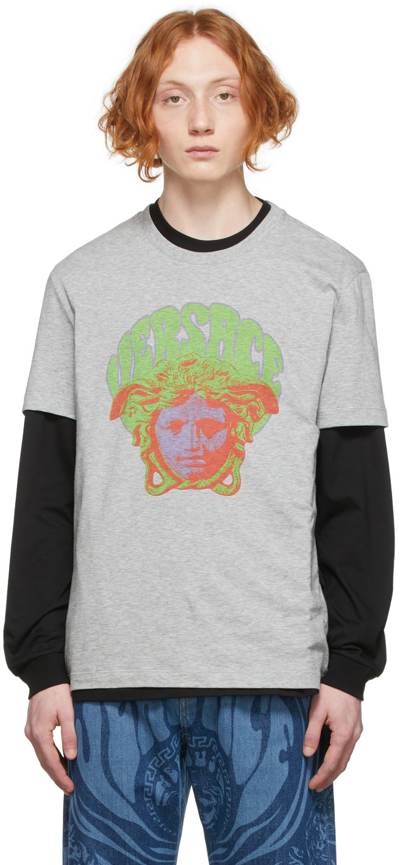 Versace Medusa Music-logo Cotton Long-sleeved T-shirt In Light Grey