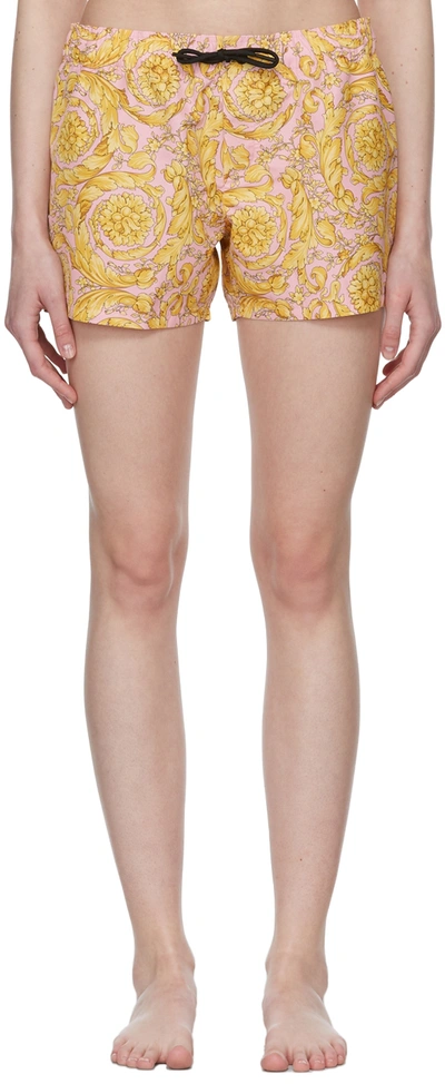 Versace Baroque-print Drawstring Shorts In Pink+yellow