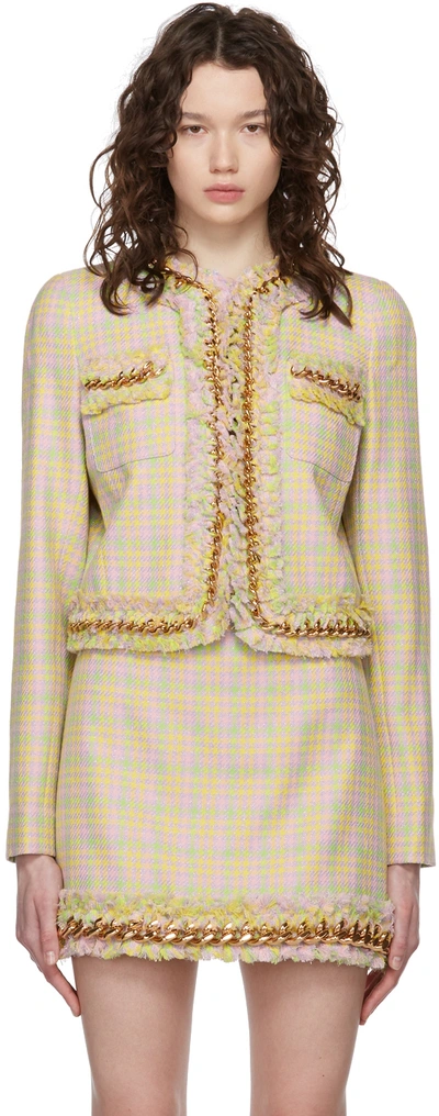 Versace Check-print Chain-applique Crop Jacket In Multicolor