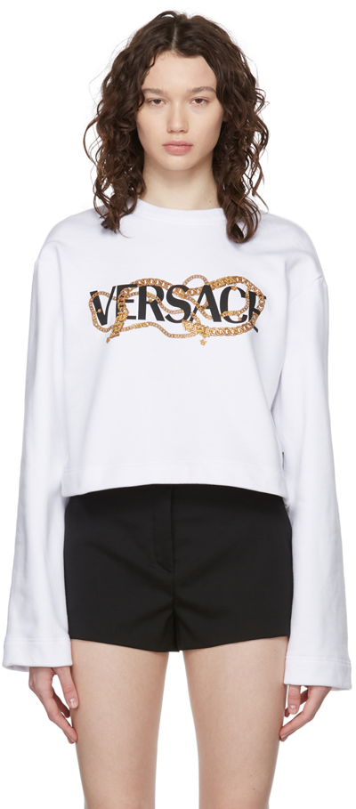 Versace Chain Logo Graphic Cotton Crop Sweatshirt In White