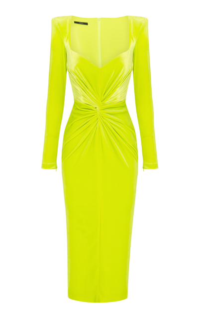 Alex Perry Ashford Twisted Strong-shoulder Velvet Midi Dress In Green