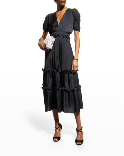 Shoshanna Marcela Vintage Ruched Ruffle Dress In Jet