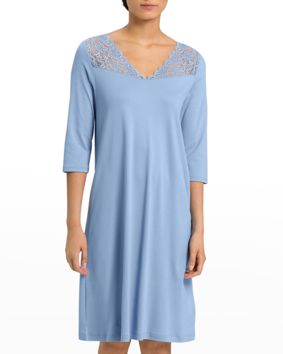 Hanro Moments Lace Trim Three-quarter Sleeve Cotton Gown In Blue Moon