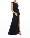 Ieena For Mac Duggal Off-the-shoulder Shirred Jersey Gown In Navy