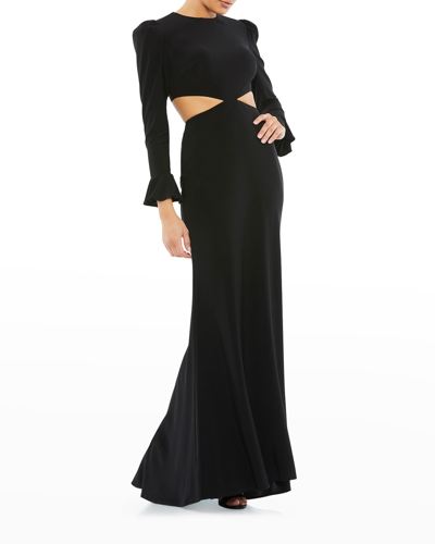 Ieena For Mac Duggal Long Sleeve Puff Shoulder Cut Out Gown In Black