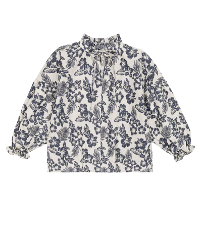 The New Society Kids' Olivia Floral Linen And Cotton Blouse In Grigio-blu