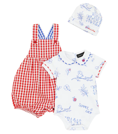 Monnalisa Baby Cotton Overalls, Bodysuit And Hat Set In Red