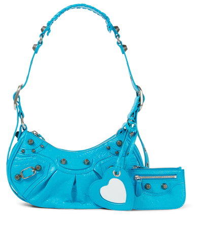 Balenciaga Cagole Xs Studded Crinkled-leather Shoulder Bag In Cyan