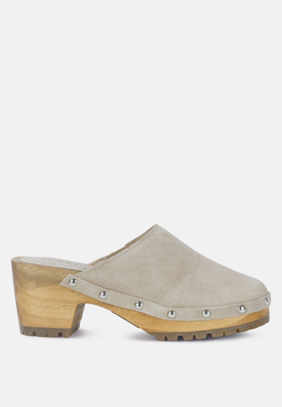 Rag & Co Cedrus Fine Suede Studded Clog Mules In Beige