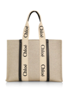 Chloé Large Woody Canvas Tote In White Blue