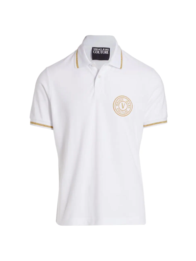 Versace Jeans Couture Embroidered Emblem Logo Polo In White Gold