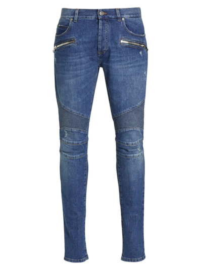 Balmain Slim-fit Ribbed Detail Jeans In Blue