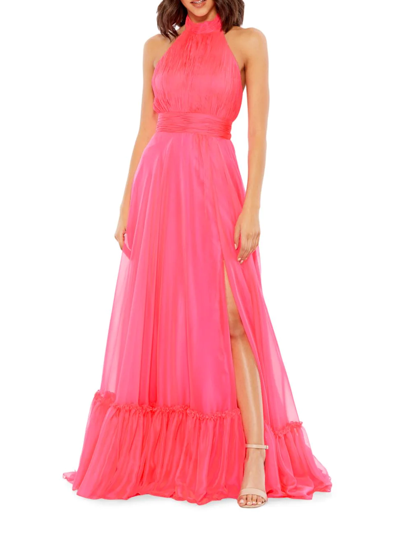 Mac Duggal High Neck Tiered Chiffon Halter Gown In Pink