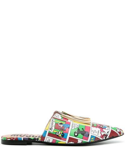 Moschino Comics-print Flat Slippers In Weiss