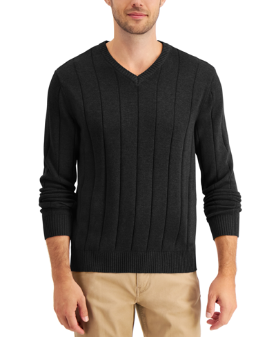 Club Room Men's Drop-needle V-neck Cotton Sweater, Created For Macy's In Black