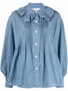 See By Chloé Flou Ruffled Pintucked Denim Blouse In Blue