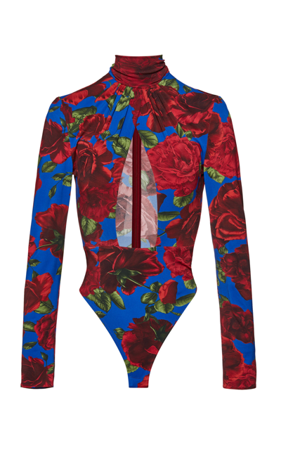 Magda Butrym Long Sleeve Cut-out Bodysuit Blue And Red Floral In Print