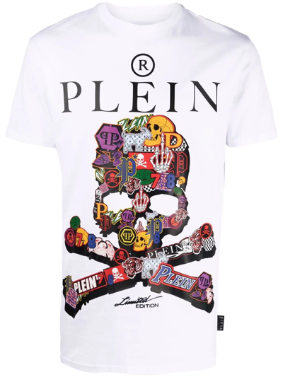 Philipp Plein Skull Logo-print Stickers Crew-neck T-shirt In Weiss