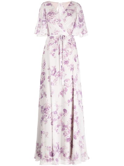Marchesa Notte Bridesmaids Floral-print Wrap Gown In Violett